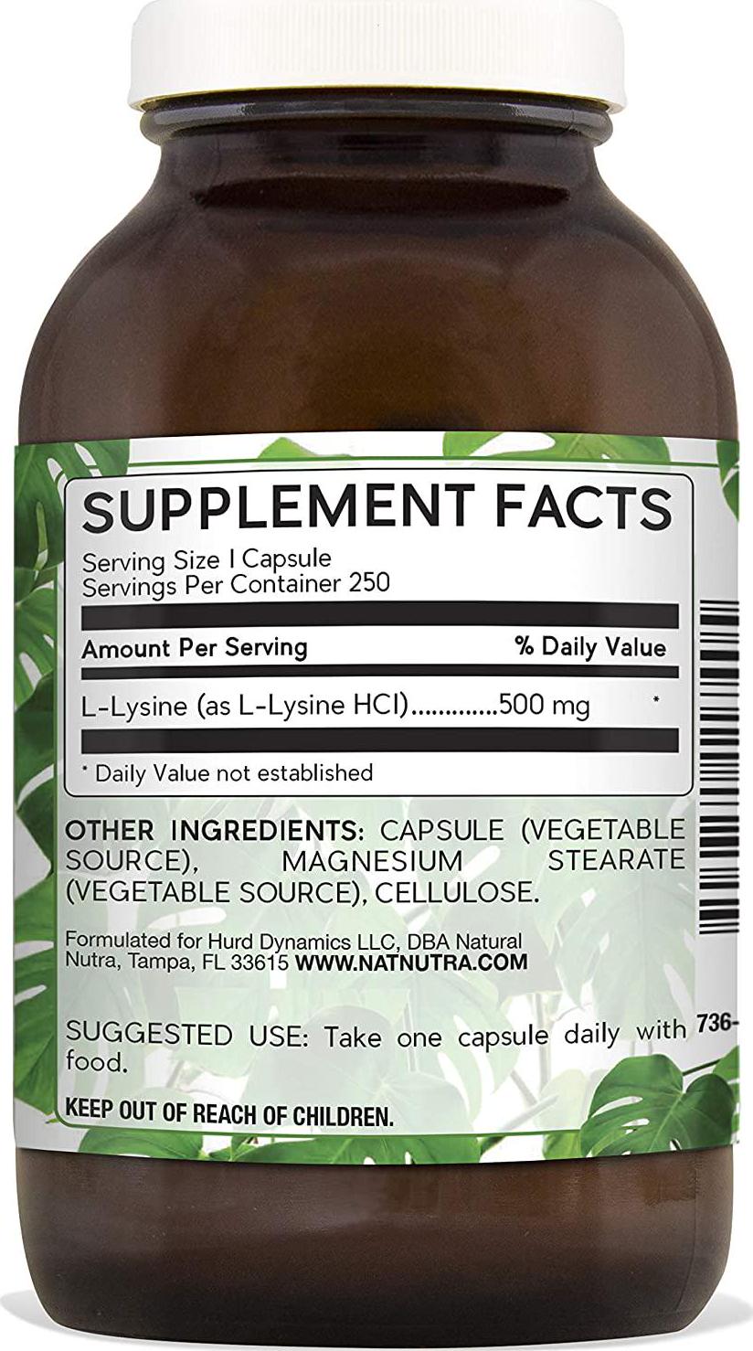 Natural Nutra L Lysine HCl, Promotes Healthy Bone Growth, Helps Built Collagen, Tissue Formation, Improve Calcium Absorption, Alpha Amino Acid Supplement, Non GMO, Vegan, 500 mg, 250 Capsules.
