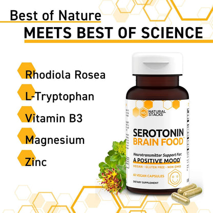 Natural Stacks Serotonin Brain Food Mood Booster 60 ct. - Naturally Promotes Serotonin Production - Formulated for Stress and Anxiety Relief