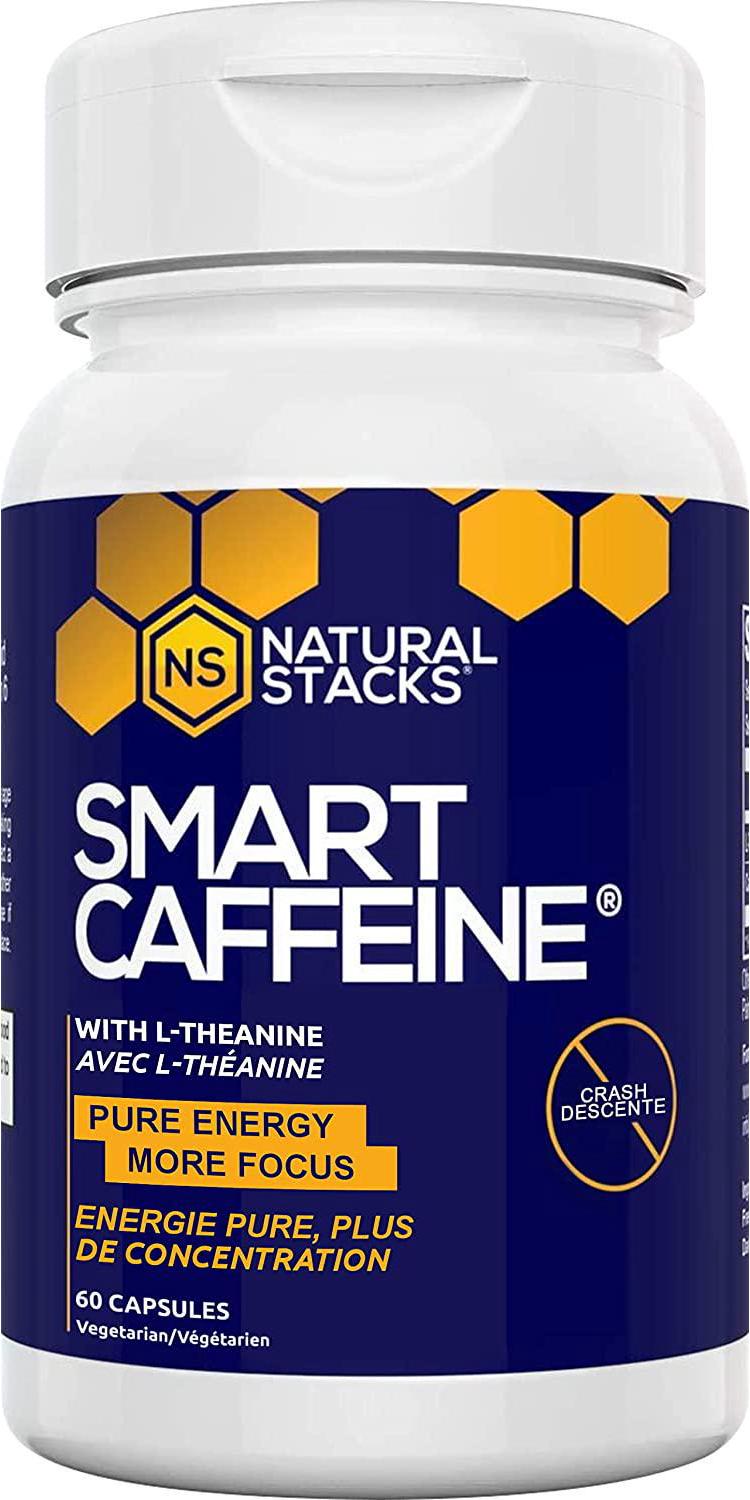 Natural Stacks Smart Caffeine Supplement 60ct - Instant Energy and Focus for Life School and Work - No Jitters and No Crash - Premium Sourced 100mg Caffeine from Coffee + 200mg L-Theanine from Green Tea