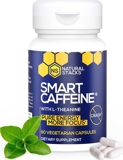 Natural Stacks Smart Caffeine Supplement 60ct - Instant Energy and Focus for Life School and Work - No Jitters and No Crash - Premium Sourced 100mg Caffeine from Coffee + 200mg L-Theanine from Green Tea