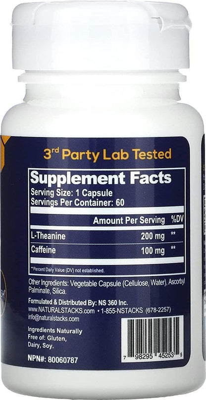 Natural Stacks Smart Caffeine Supplement 60ct - Instant Energy and Focus for Life School and Work - No Jitters and No Crash - Premium Sourced 100mg Caffeine from Coffee + 200mg L-Theanine from Green Tea