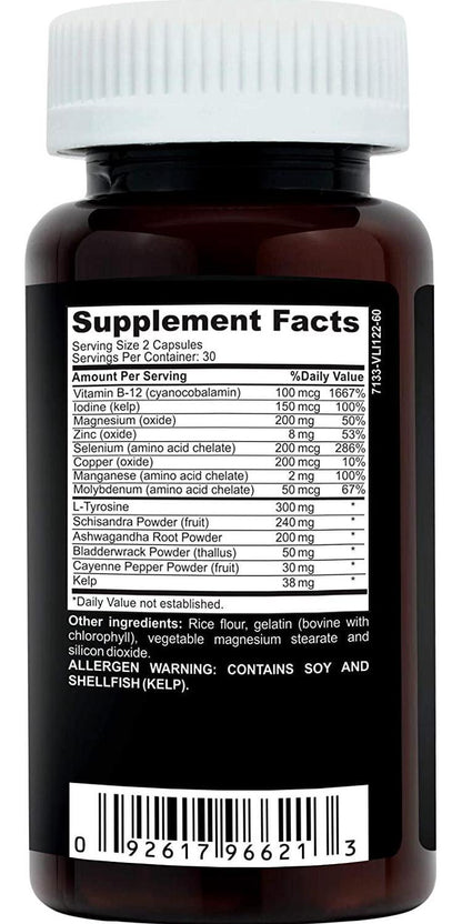 Natural Thyroid Support Supplement, Ashwagandha Adaptogen Superfood Blend w Pure Kelp Iodine and Selenium, Copper, L Tyrosine, Zinc, Vitamins Complex for Energy, Focus, Weight Loss. 60 Non GMO Capsules