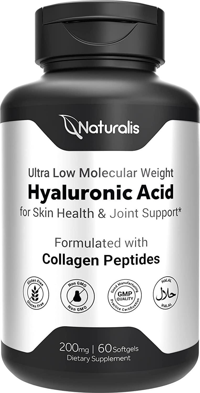 Naturalis Hyaluronic Acid (200mg) | Enhanced with Marine Hydrolyzed Collagen Peptides | Non-GMO, Gluten and Soy Free | 60 Softgels