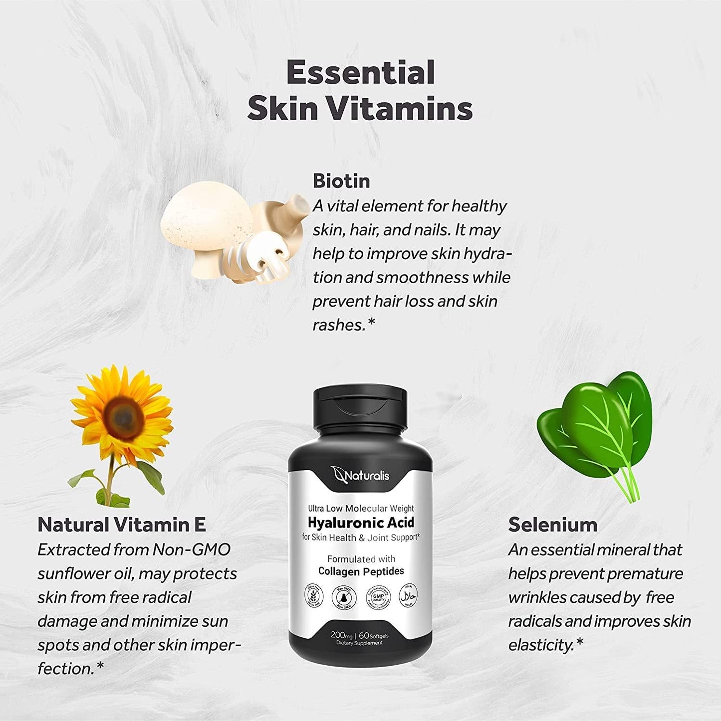 Naturalis Hyaluronic Acid (200mg) | Enhanced with Marine Hydrolyzed Collagen Peptides | Non-GMO, Gluten and Soy Free | 60 Softgels