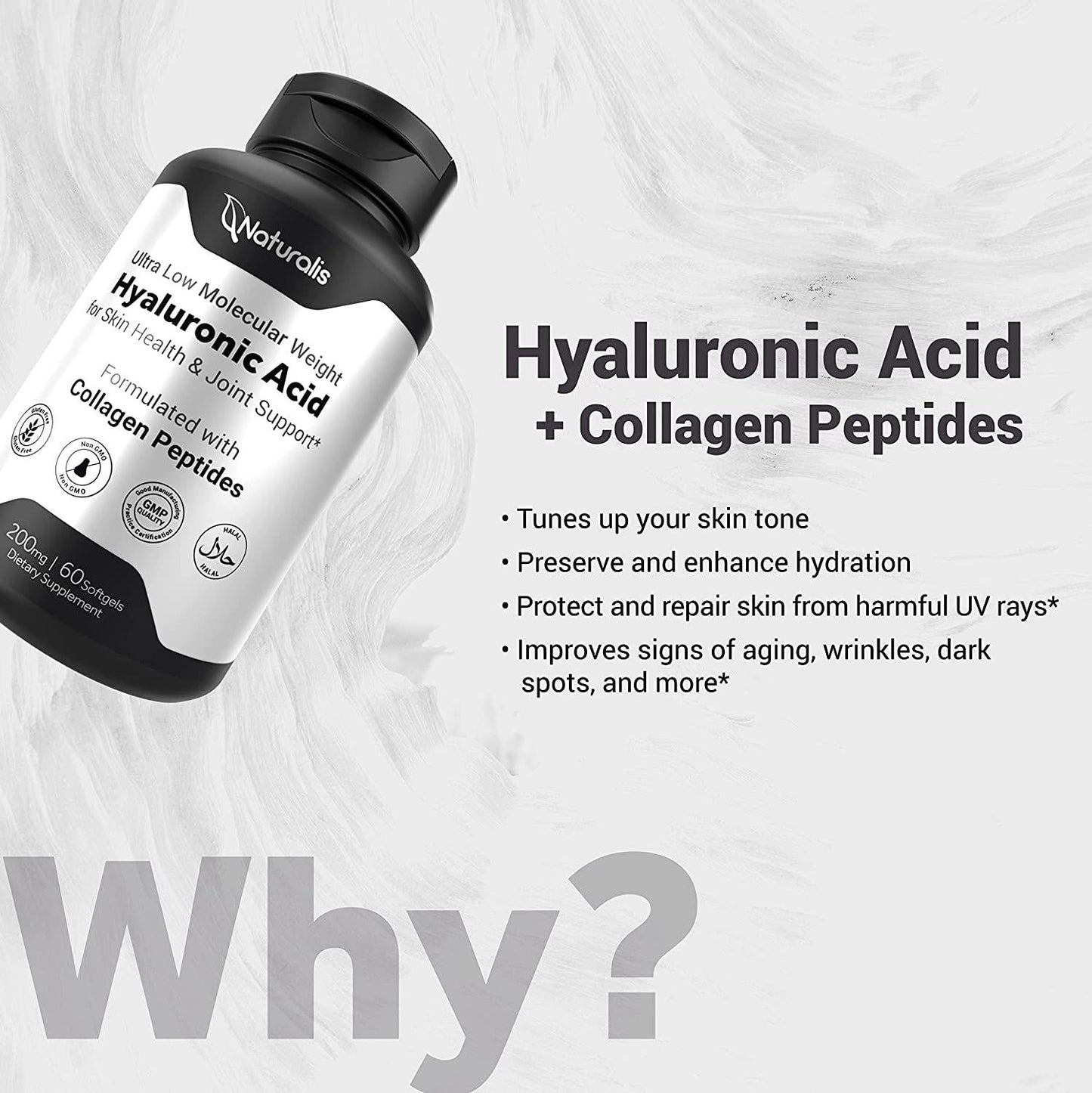 Naturalis Hyaluronic Acid (200mg) | Enhanced with Marine Hydrolyzed Collagen Peptides | Non-GMO, Gluten and Soy Free | 60 Softgels
