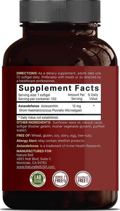 NatureBell Astaxanthin Softgel Supplement, Made with Astaxdefense, 12mg Astaxanthin Per Serving, 120 Softgels, Non-GMO