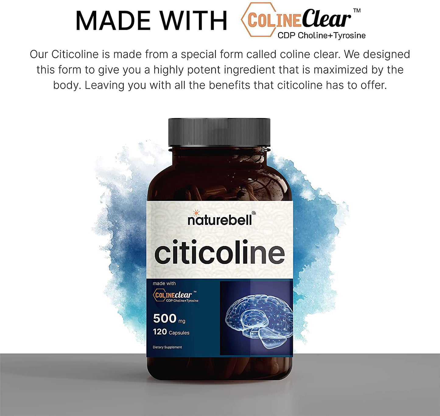 NatureBell Citicoline Capsule Supplement, Made with Colineclear, 500mg Citicoline Plus 50mg Tyrosine Per Serving, 120 Capsules, Non-GMO