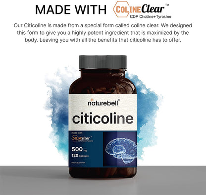 NatureBell Citicoline Capsule Supplement, Made with Colineclear, 500mg Citicoline Plus 50mg Tyrosine Per Serving, 120 Capsules, Non-GMO