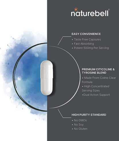 NatureBell Citicoline Capsule Supplement, Made with Colineclear, 500mg Citicoline Plus 50mg Tyrosine Per Serving, 120 Capsules, Non-GMO