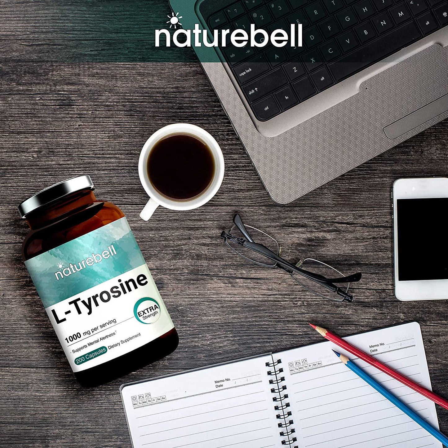 NatureBell L-Tyrosine Capsules, 1000mg Per Serving, 200 Capsules, Support Memory and Cognitive Health, No GMOs.