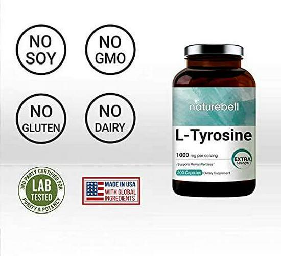 NatureBell L-Tyrosine Capsules, 1000mg Per Serving, 200 Capsules, Support Memory and Cognitive Health, No GMOs.