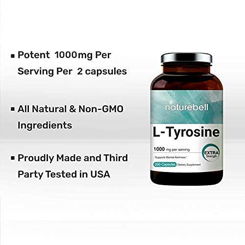 NatureBell L-Tyrosine Capsules, 1000mg Per Serving, 200 Capsules, Support Memory and Cognitive Health, No GMOs.