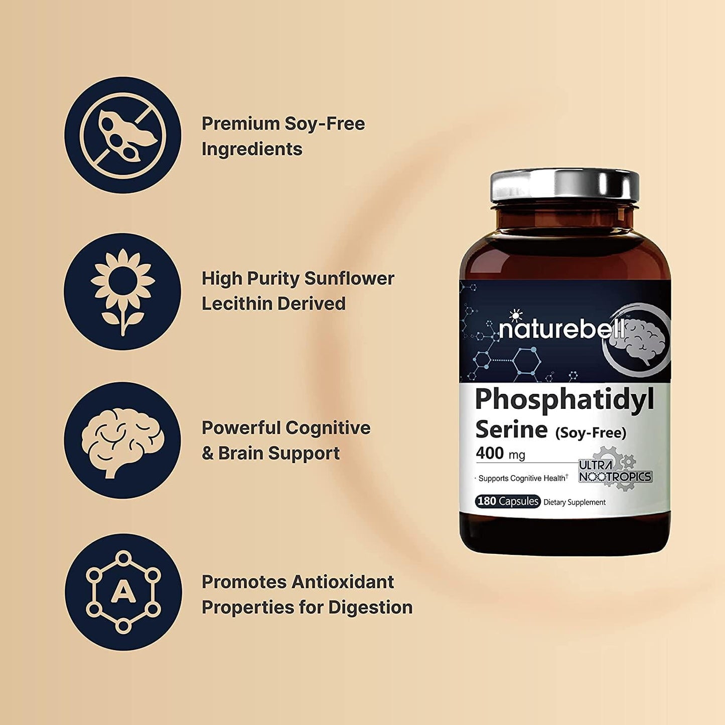 NatureBell PhosphatidylSerine 400mg Per Serving, 180 Capsules, No Soy, Made from Sunflower Lecithin, Strongly Supports Cognitive Health and Brain Function, No GMOs and Made in USA.