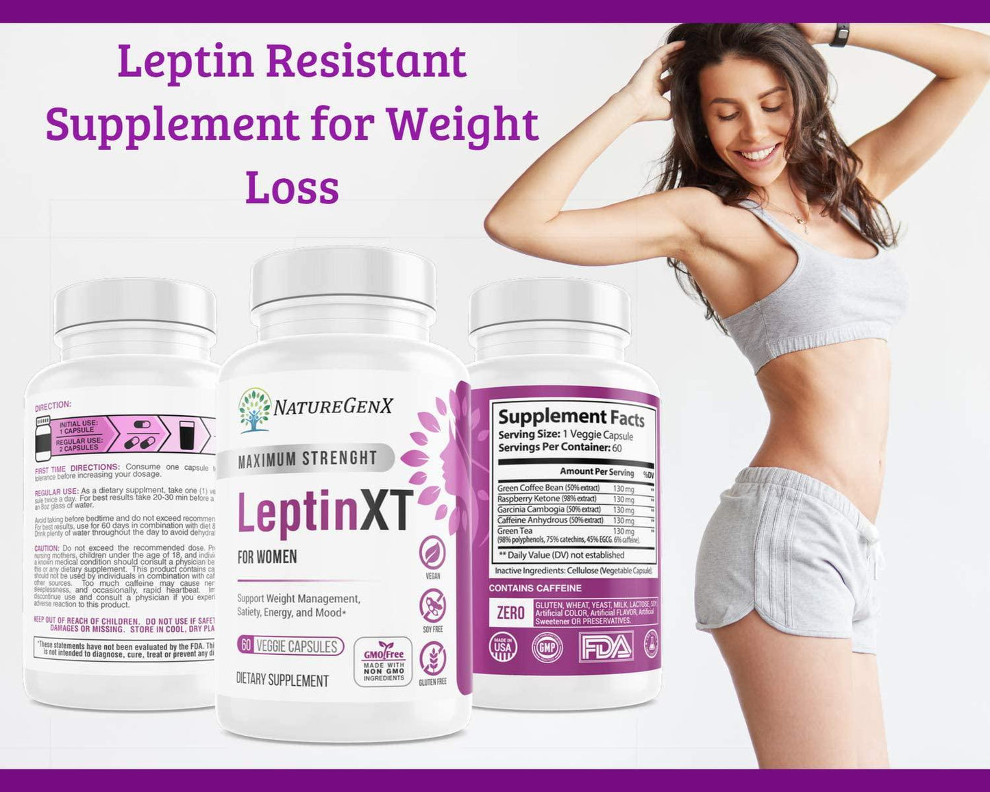 NatureGenX Leptin XT for Women, Extra Strength | Leptin Resistance for Weight Loss and Management, Appetite Suppressant, Metabolism Booster and Fat Burner | Supports Energy and Mood | 60 Capsules
