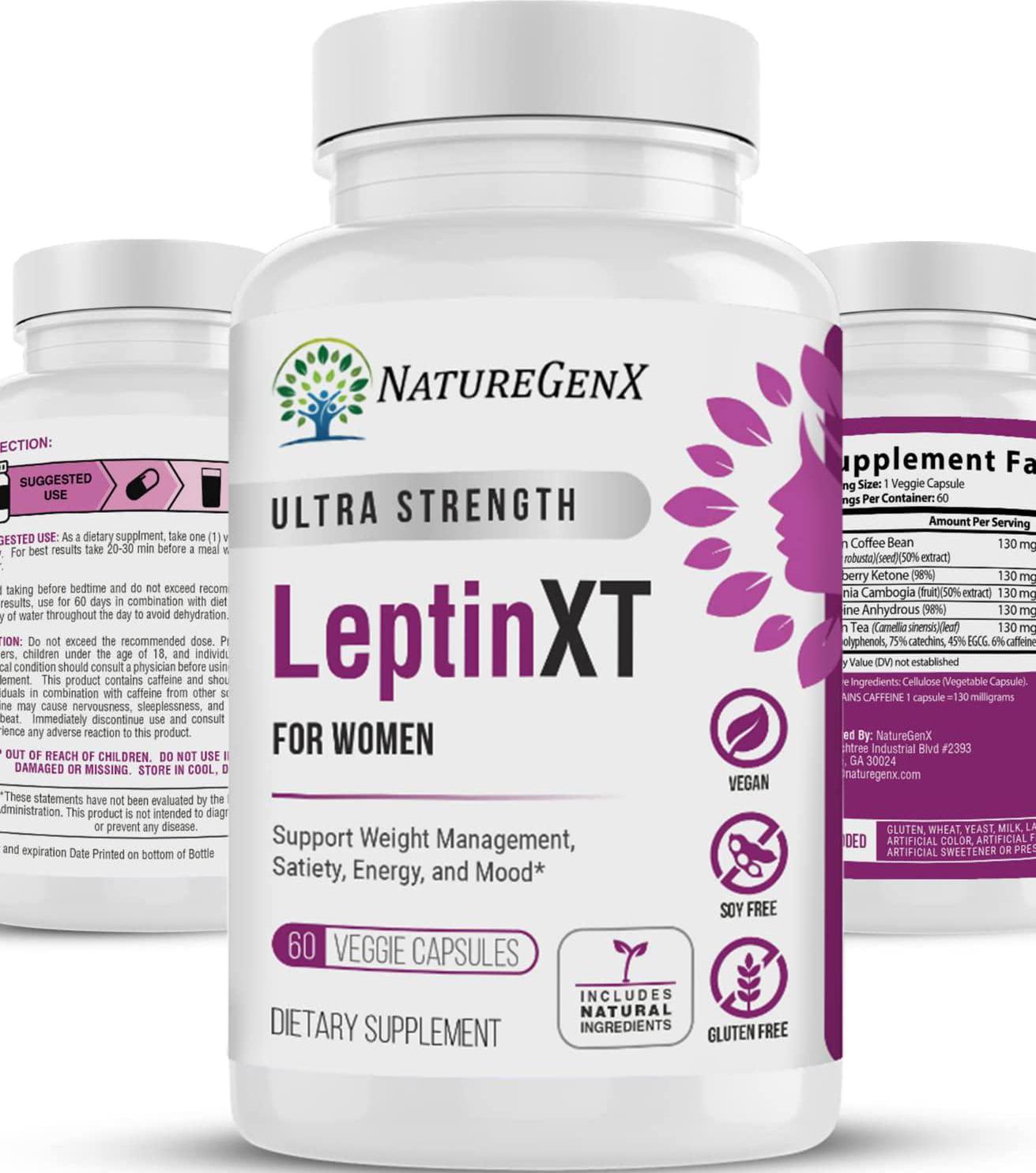 NatureGenX Leptin XT for Women, Extra Strength | Leptin Resistance for Weight Loss and Management, Appetite Suppressant, Metabolism Booster and Fat Burner | Supports Energy and Mood | 60 Capsules