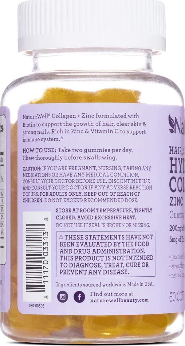 NatureWell Hair, Skin and Nails Hydrolyzed Collagen + Zinc Gummy Dietary Supplement, 60 Ct.