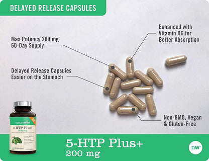 NatureWise 5-HTP Puls + Potency 200mg Mood Support, Natural Sleep Aid Promotes a Normal Weight, Easy-to-Digest Delayed Release Capsules, Enhanced w/ Vitamin B6, Non-GMO (2 Month Supply - 60 Count)