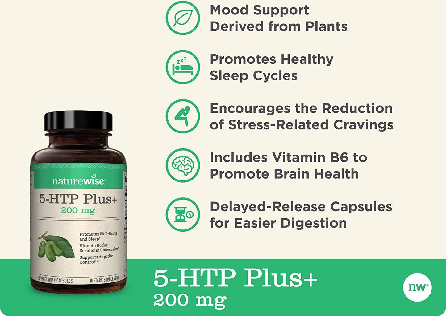 NatureWise 5-HTP Puls + Potency 200mg Mood Support, Natural Sleep Aid Promotes a Normal Weight, Easy-to-Digest Delayed Release Capsules, Enhanced w/ Vitamin B6, Non-GMO (2 Month Supply - 60 Count)