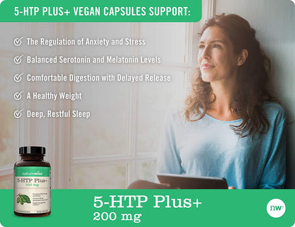 NatureWise 5-HTP Puls + Potency 200mg Mood Support, Natural Sleep Aid Promotes a Normal Weight, Easy-to-Digest Delayed Release Capsules, Enhanced w/ Vitamin B6, Non-GMO (2 Month Supply - 60 Count)