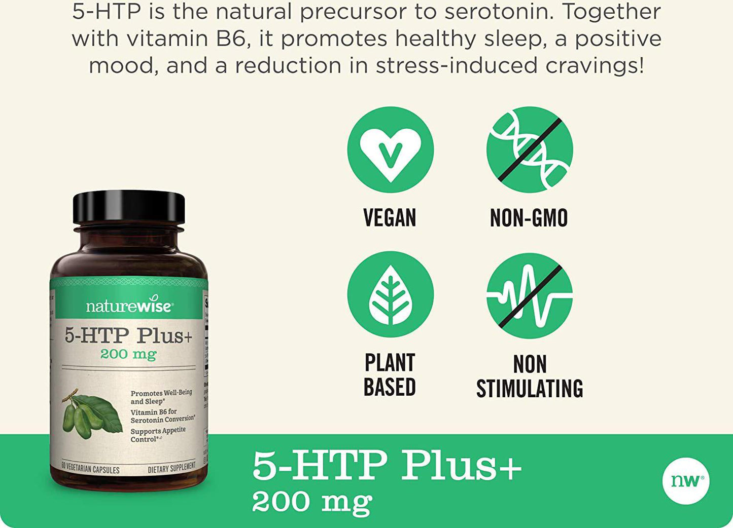 NatureWise 5-HTP Puls + Potency 200mg Mood Support, Natural Sleep Aid Promotes a Normal Weight, Easy-to-Digest Delayed Release Capsules, Enhanced w/ Vitamin B6, Non-GMO (2 Month Supply - 60 Count)