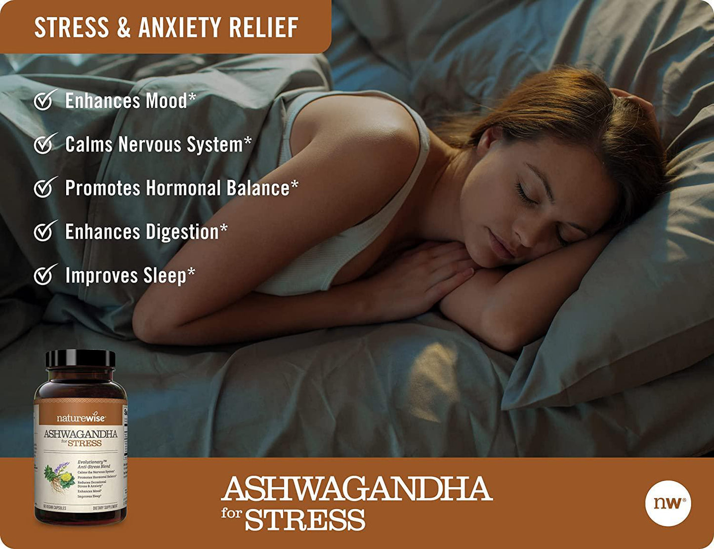 NatureWise Ashwagandha for Stress Adaptation and Anxiety Relief, Calming KSM-66 Herbal Supplement Extract + GABA, L-Theanine, Rhodiola Rosea, Light Brown, 60 Count