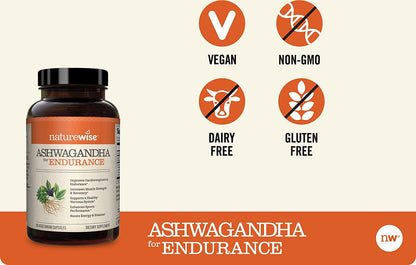 NatureWise Ashwagandha for Endurance | Adrenal Support Energy Supplement | KSM 66 Ashwagandha Organic Extract + CoQ10, Ginseng, Eleuthero, B12 Green Tea ( Watch Video in Images) [1 Month - 60 Count]