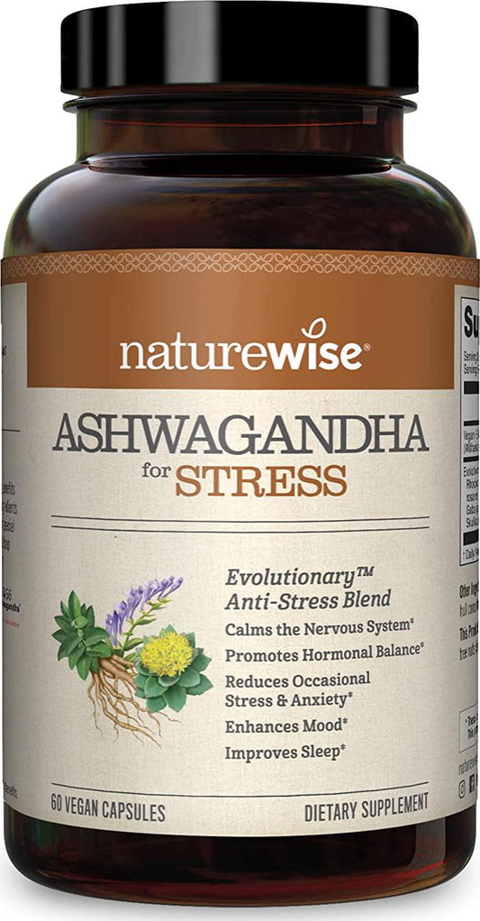 NatureWise Ashwagandha for Stress Adaptation and Anxiety Relief, Calming KSM-66 Herbal Supplement Extract + GABA, L-Theanine, Rhodiola Rosea, Light Brown, 60 Count