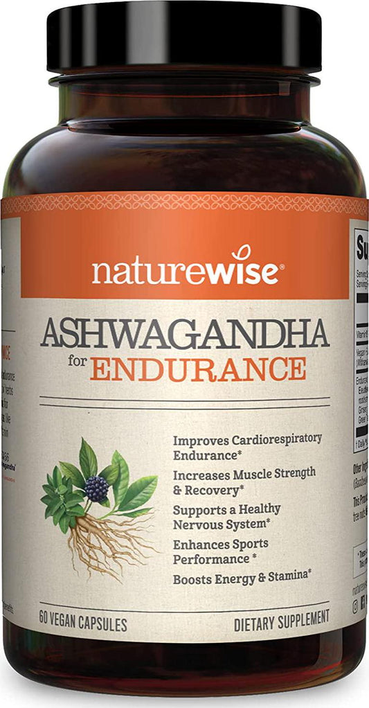 NatureWise Ashwagandha for Endurance | Adrenal Support Energy Supplement | KSM 66 Ashwagandha Organic Extract + CoQ10, Ginseng, Eleuthero, B12 Green Tea ( Watch Video in Images) [1 Month - 60 Count]