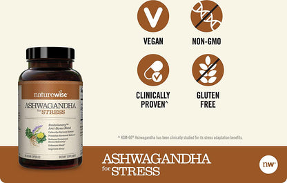 NatureWise Ashwagandha for Stress Adaptation and Anxiety Relief, Calming KSM-66 Herbal Supplement Extract + GABA, L-Theanine, Rhodiola Rosea, Light Brown, 60 Count