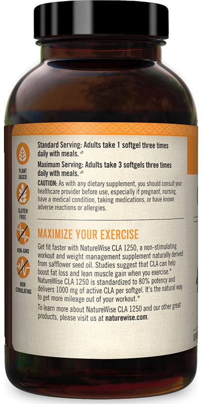 NatureWise CLA 1250, High Potency, Natural Weight Loss Exercise Enhancement | Increase Lean Muscle Mass, Non-Stimulating | Non-GMO, Gluten-Free, and 100% Safflower Oil [2 Month Supply - 180 count]