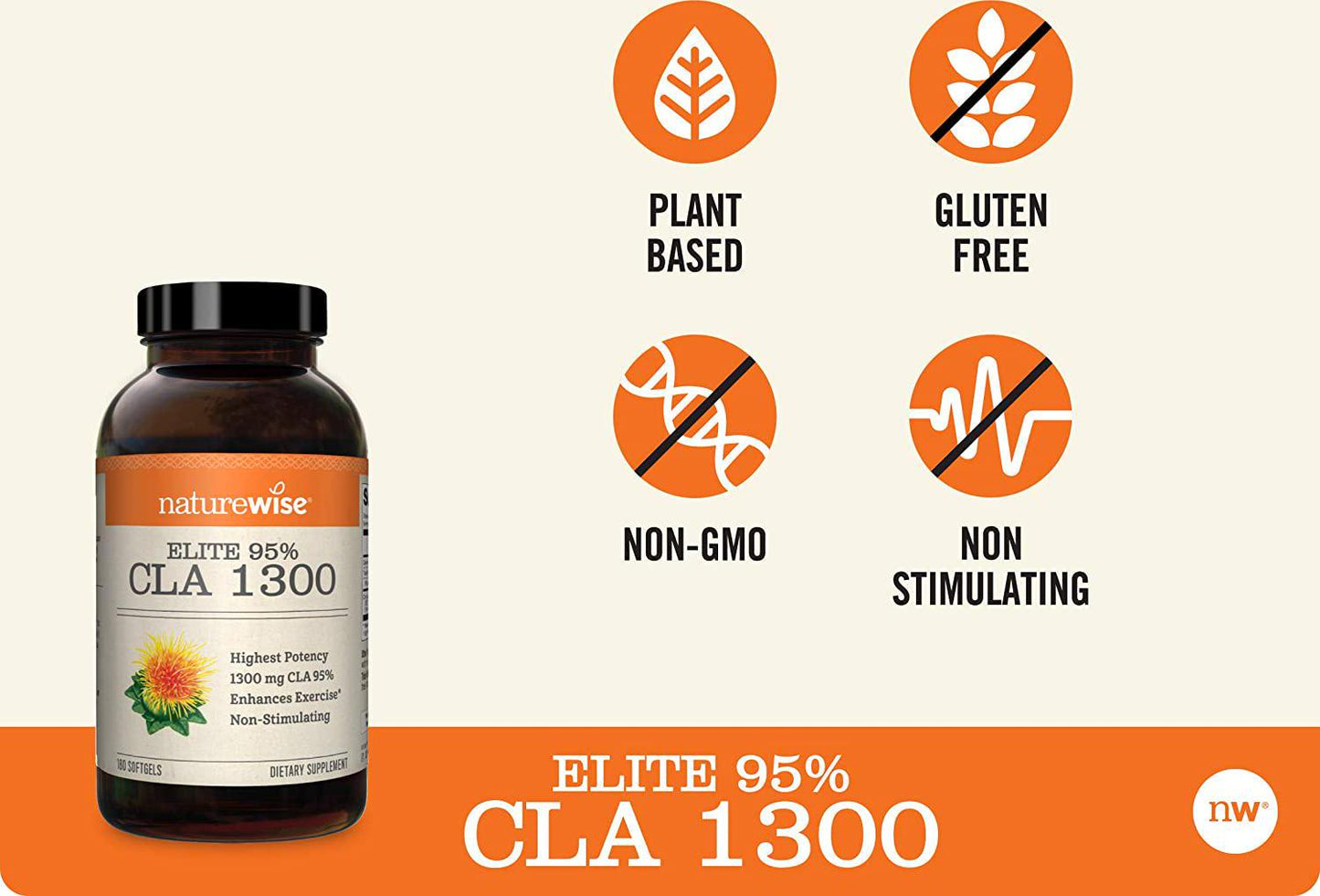 NatureWise Elite CLA 1300 Maximum Potency, 95% CLA Safflower Oil Workout Supplement, Natural Support for Muscle Retention and Growth, Non-Stimulating Formula and Gluten Free (2 Month Supply - 180 Count)