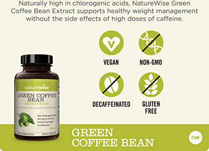 NatureWise Green Coffee Bean 800mg Max Potency Extract 50% Chlorogenic Acids, Raw Green Coffee Antioxidant Supplement and Metabolism Support for Normal Weight Maintenance, Non-GMO, Gluten-Free (1 Month)