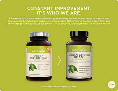 NatureWise Green Coffee Bean 800mg Max Potency Extract 50% Chlorogenic Acids, Raw Green Coffee Antioxidant Supplement and Metabolism Support for Normal Weight Maintenance, Non-GMO, Gluten-Free (1 Month)