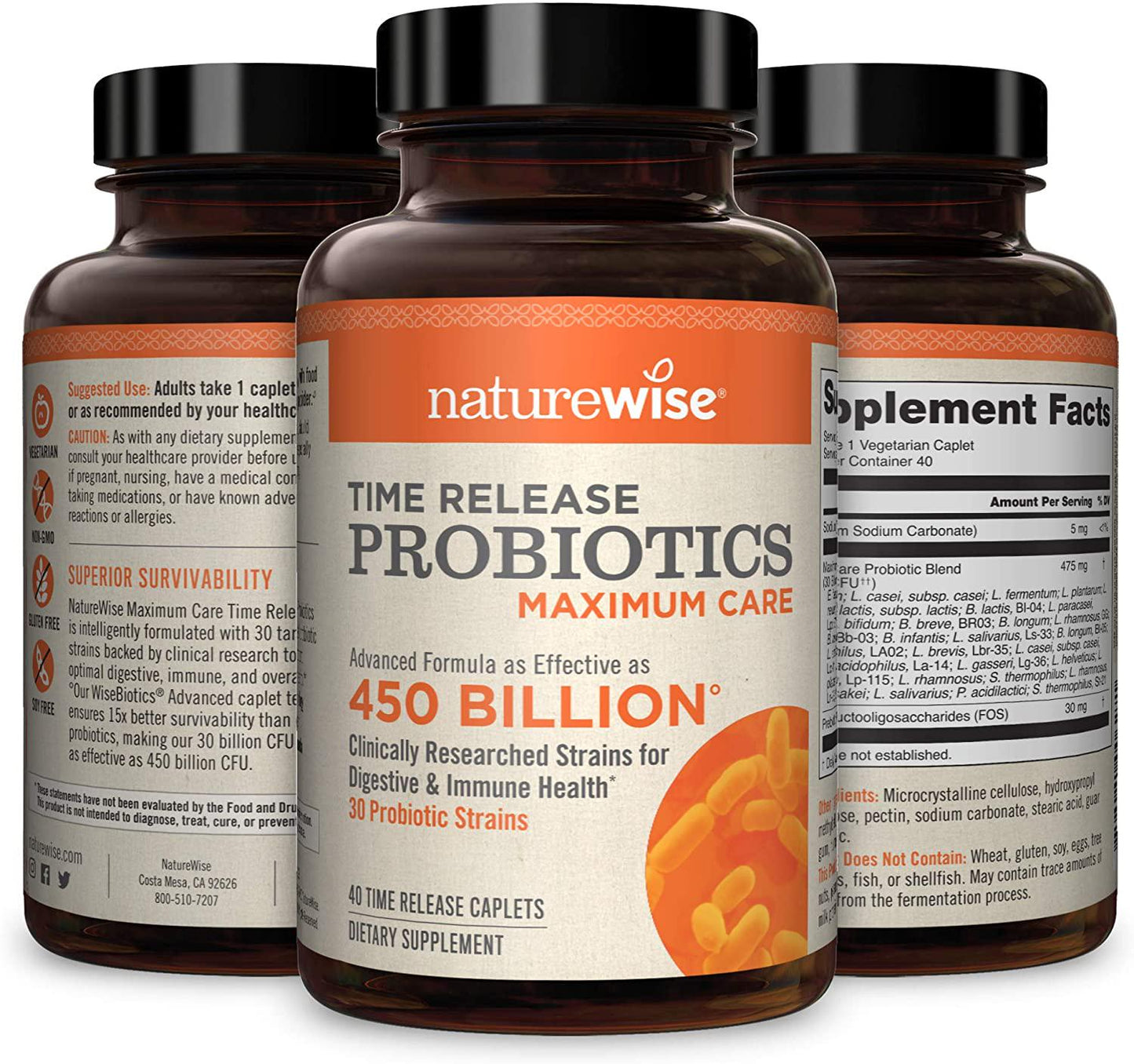 NatureWise Max Probiotics for Men and Women | Time-Release Caplets Comparable to 450 Billion CFU with 30 Strains, WiseBiotics Technology, Shelf Stable, and Acid Resistant [1 Month Supply - 40 Caplets]