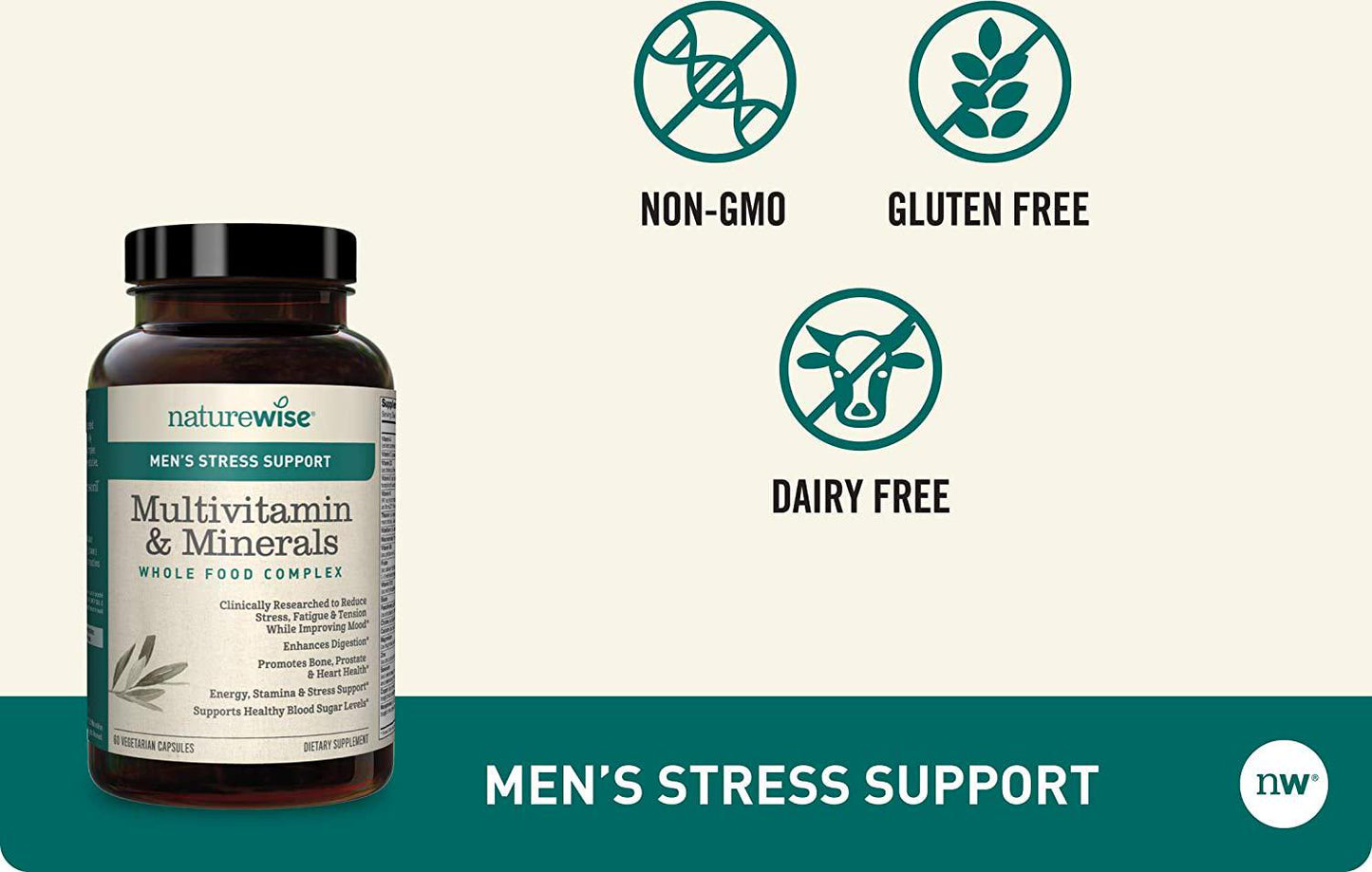 NatureWise Men s Whole Food Multivitamin with Stress Support | Minerals Complex + Sensoril Ashwagandha Organic Extract Clinically Proven Stress Support ( Watch Video in Images) [1 Month - 60 Count]