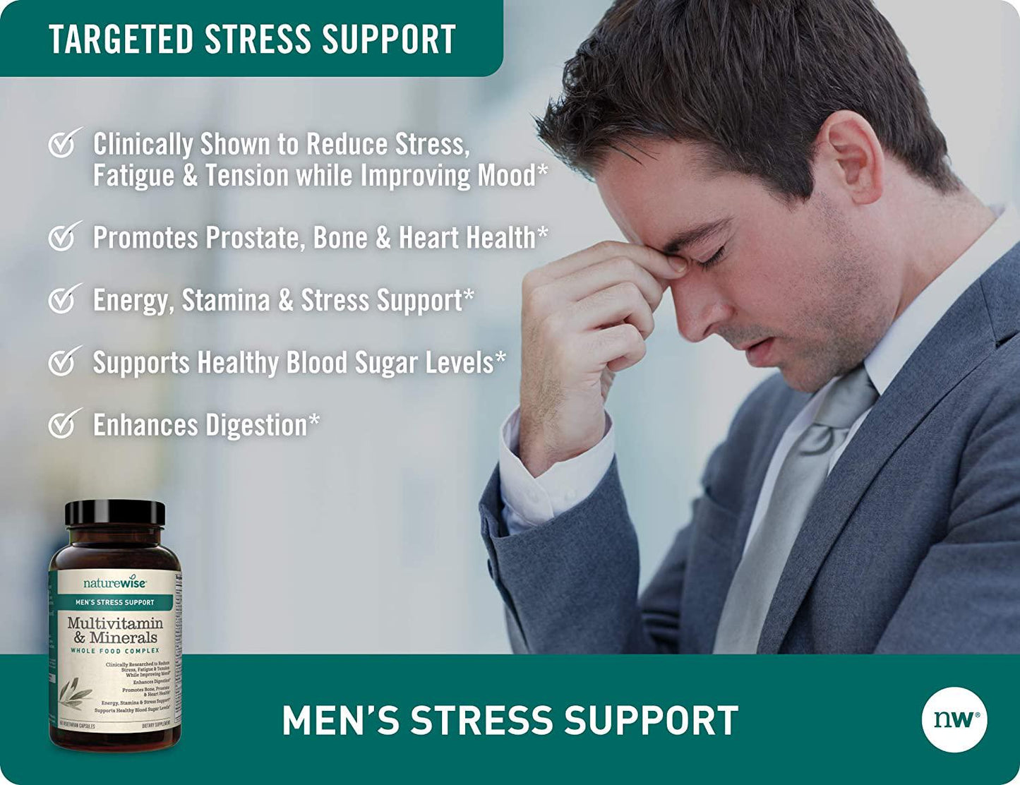 NatureWise Men s Whole Food Multivitamin with Stress Support | Minerals Complex + Sensoril Ashwagandha Organic Extract Clinically Proven Stress Support ( Watch Video in Images) [1 Month - 60 Count]