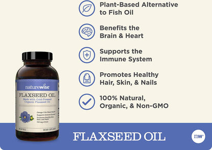 NatureWise Organic Flaxseed Oil Max 720mg ALA | Highest Potency Flax Oil Omega 3 for Cardiovascular, Brain, Immune Support and Healthy Hair, Skin, and Nails | Gluten Free Non-GMO [8 Month - 240 Softgels]