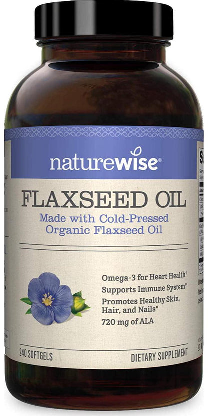 NatureWise Organic Flaxseed Oil Max 720mg ALA | Highest Potency Flax Oil Omega 3 for Cardiovascular, Brain, Immune Support and Healthy Hair, Skin, and Nails | Gluten Free Non-GMO [8 Month - 240 Softgels]