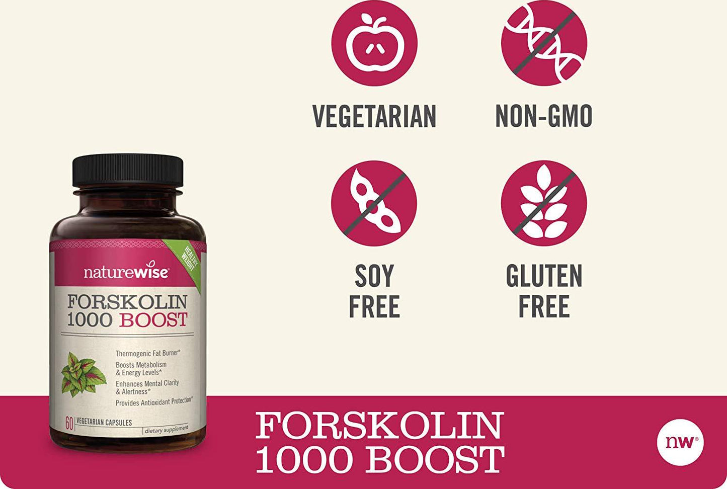 NatureWise Premium Forskolin 1000 Boost, Highest Concentration Pure Forskolin for Weight Maintenance and Natural Thermogenic Blend with Green Tea, Yerba Mate, Guarana, Coleus Forskohlii (1 Month Supply)