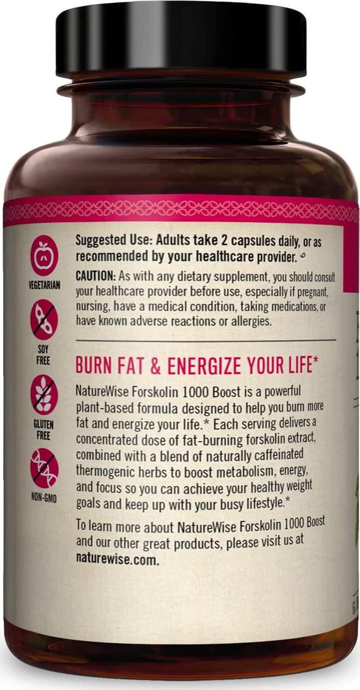 NatureWise Premium Forskolin 1000 Boost, Highest Concentration Pure Forskolin for Weight Maintenance and Natural Thermogenic Blend with Green Tea, Yerba Mate, Guarana, Coleus Forskohlii (1 Month Supply)