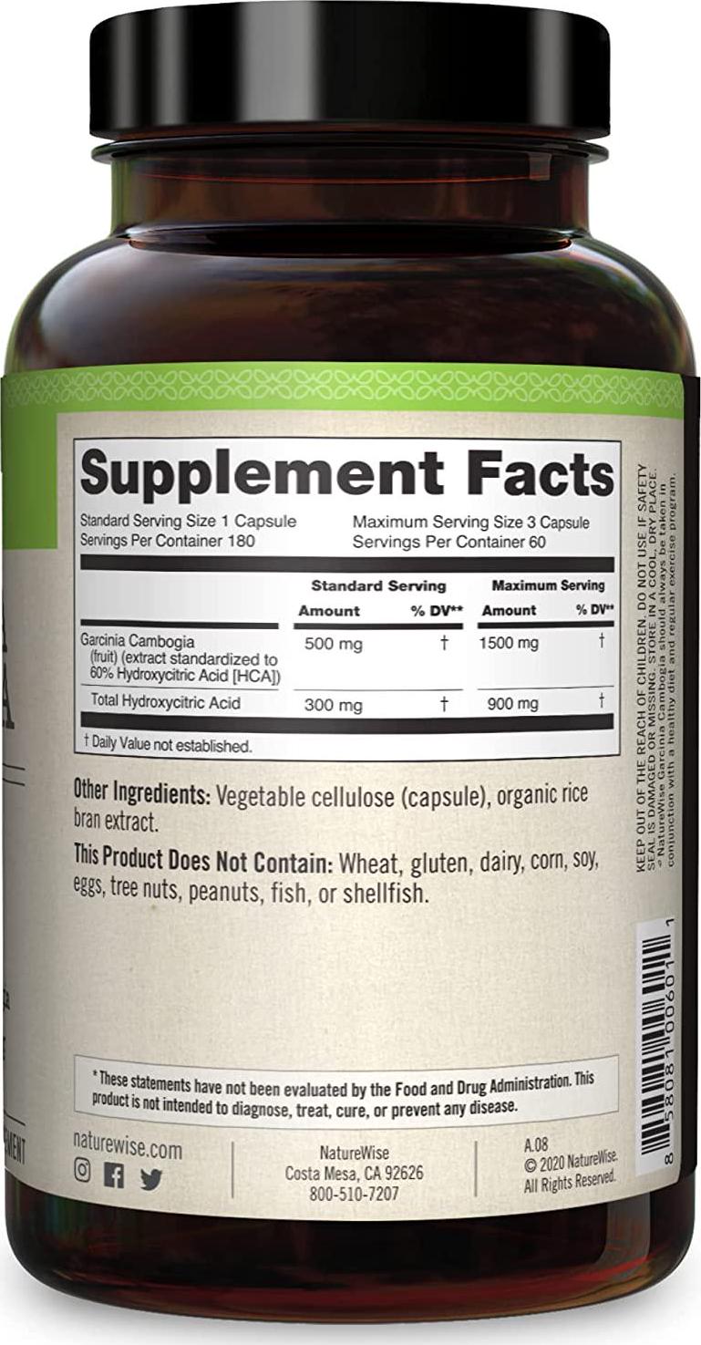 NatureWise Pure Garcinia Cambogia (2 Month Supply) 100% Natural HCA Extract Concentrated to 60% to Support Metabolic Processes and Discourage Cravings with Superior Absorption (180 Count)