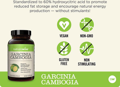 NatureWise Pure Garcinia Cambogia (2 Month Supply) 100% Natural HCA Extract Concentrated to 60% to Support Metabolic Processes and Discourage Cravings with Superior Absorption (180 Count)