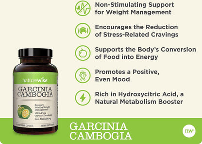 NatureWise Pure Garcinia Cambogia (2 Month Supply) 100% Natural HCA Extract Concentrated to 60% to Support Metabolic Processes and Discourage Cravings with Superior Absorption (180 Count)