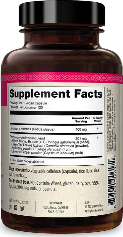 NatureWise Raspberry Ketones Plus - Advanced Antioxidant Blend Boosts Energy, Supports Normal Weight and Metabolic Processes, Vegan and Gluten-Free (2 Month Supply - 120 Veggie Capsules)