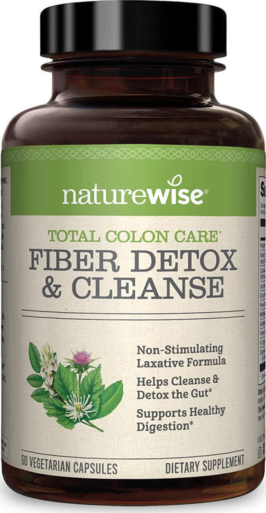 NatureWise Total Colon Care Fiber Cleanse with Safe Herbal Laxatives, Prebiotics, and Digestive Enzymes for Healthy Elimination, Safe Digestion and Weight, Detox, and Gut Health [1 Month Supply - 60 Count]