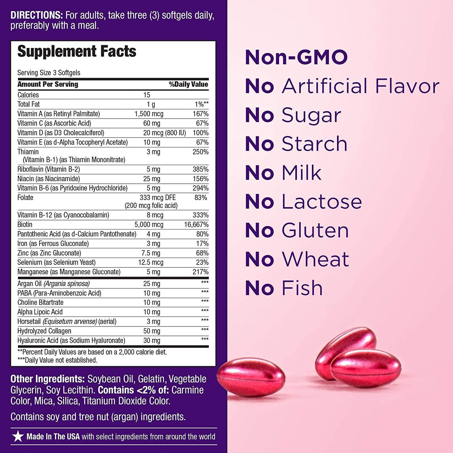 Nature's Bounty Hair, Skin and Nails Rapid Release Softgels, Argan-Infused Vitamin Supplement with Biotin and Hyaluronic Acid, Supports Hair, Skin, and Nail Health for Women, 150 Count