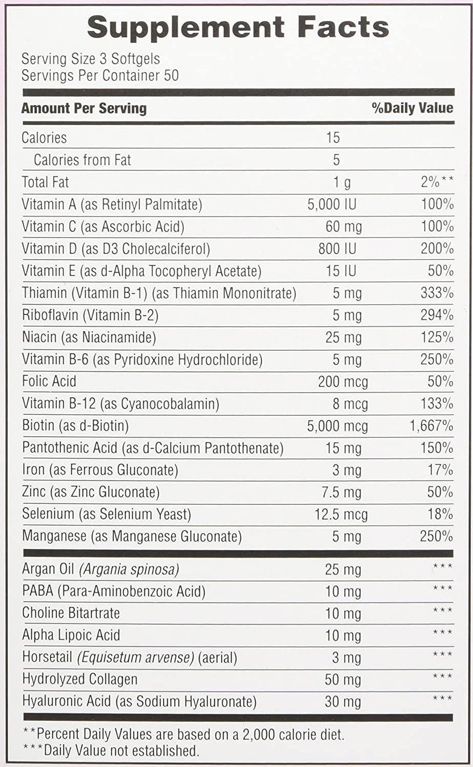 Nature's Bounty Hair, Skin and Nails Rapid Release Softgels, Argan-Infused Vitamin Supplement with Biotin and Hyaluronic Acid, Supports Hair, Skin, and Nail Health for Women, 150 Count