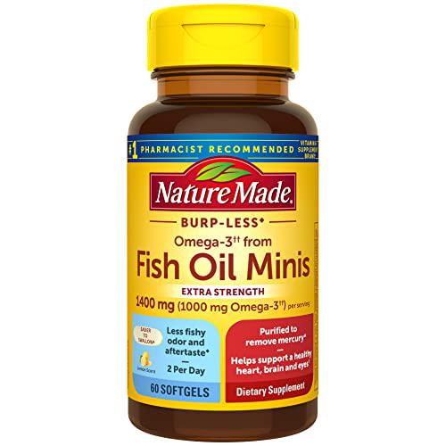 Nature Made Burp-Less Omega-3 from Fish Oil 1400 mg Minis, Dietary Supplement for Heart Health, Eyes and Brain Support, 60 Softgels, 30 Day Supply