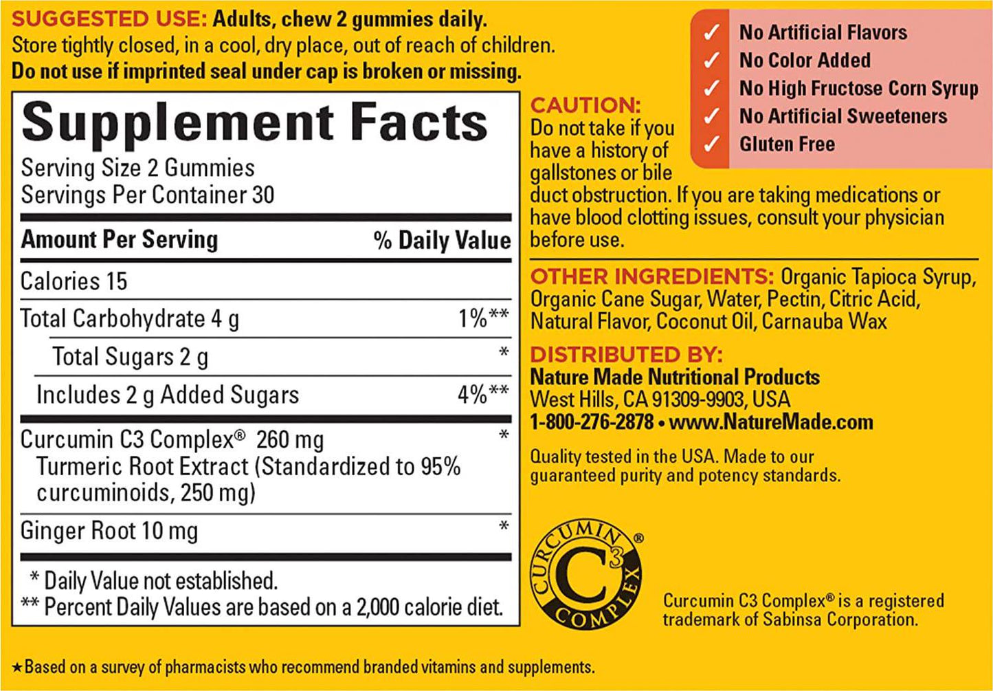 Nature Made Turmeric Curcumin Supplement Gummies, Antioxidant Benefits, Suitable for Vegetarians, Gluten Free, Mango, 60 Count