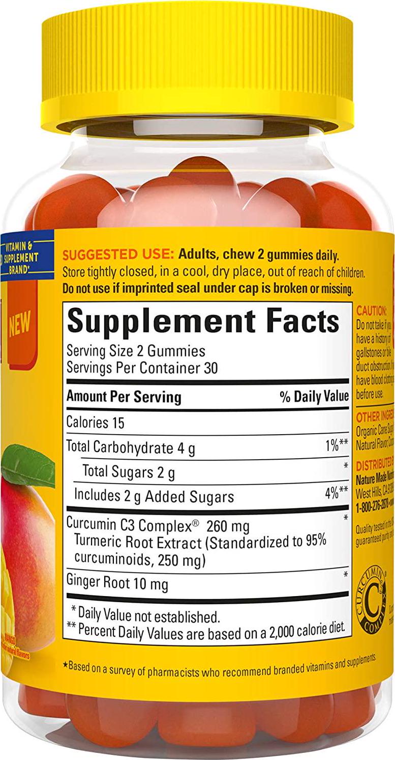 Nature Made Turmeric Curcumin Supplement Gummies, Antioxidant Benefits, Suitable for Vegetarians, Gluten Free, Mango, 60 Count